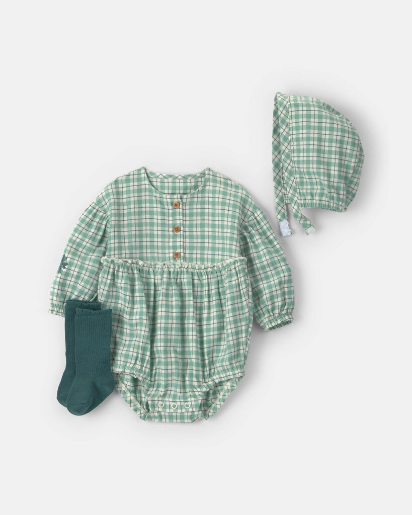 Carter's baby girl 3-piece flannel long-sleeve bubble set 12M Green