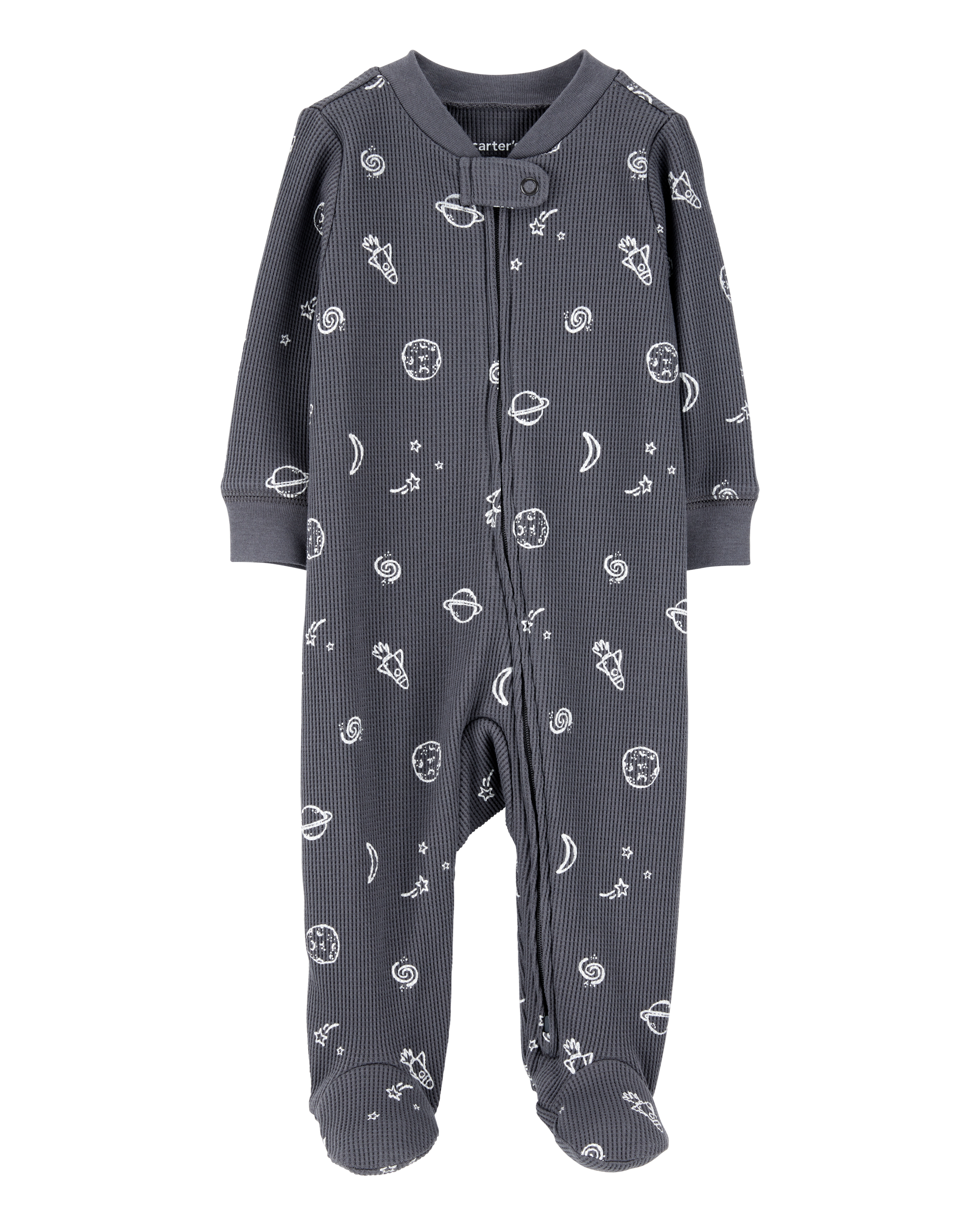 Baby Boy Space Print 2-Way Zip Waffle Knit Sleep & Play Pajamas - Grey