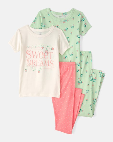 girls strawberry 100% cotton snug fit 4-piece pajama set - green/pink