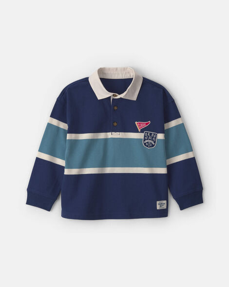Toddler Boy Varsity Striped Long-Sleeve Polo Shirt - Navy Blue