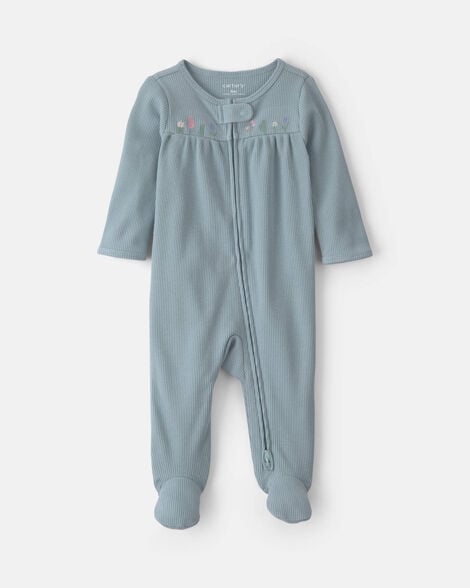 baby girl floral cotton 2-way zip thermal sleep & play pajamas - blue