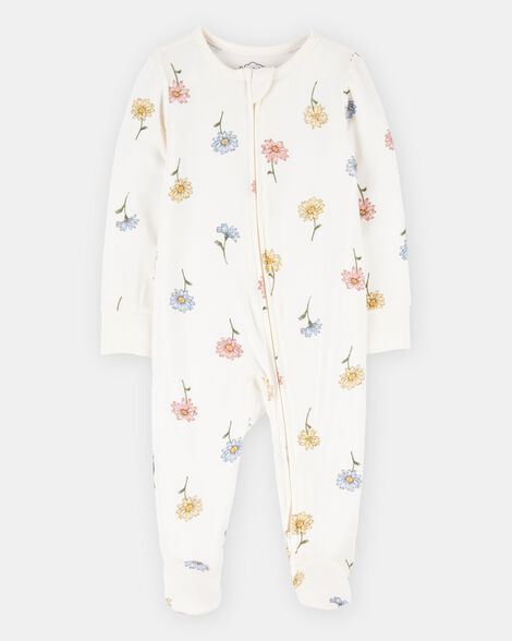 baby girl floral print 2-way zip purelysoft sleep & play pajamas - ivory
