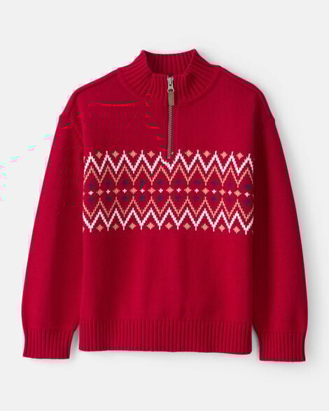 boys fair isle cotton quarter-zip long-sleeve sweater - red