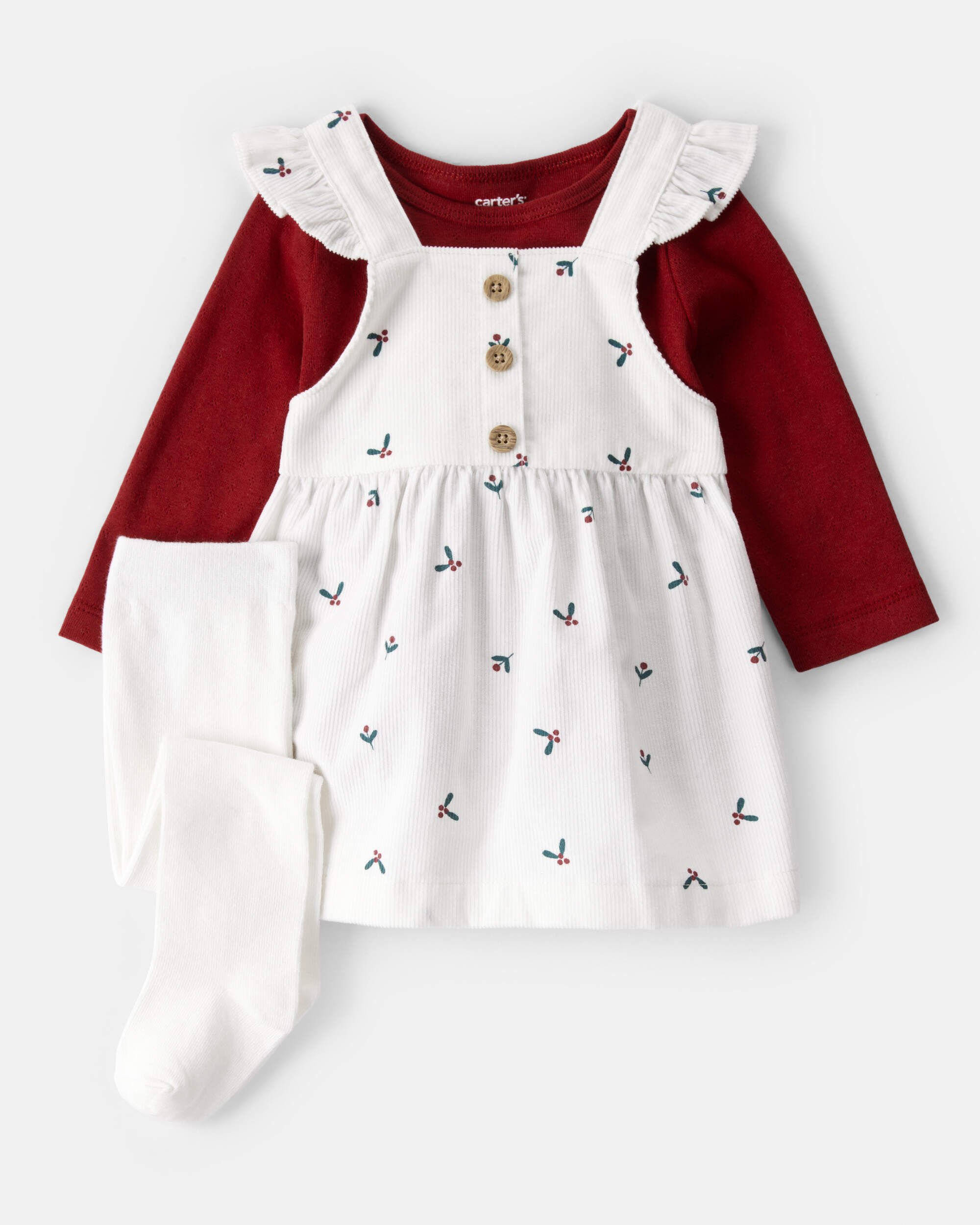 Baby Girl 3-Piece Holly Print Long-Sleeve Dress Set - White