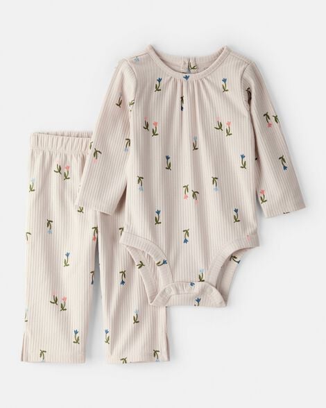 baby girl 2-piece floral bodysuit & pant set - brown