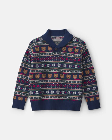 Boys Bear Fair Isle Sweater - Navy Blue
