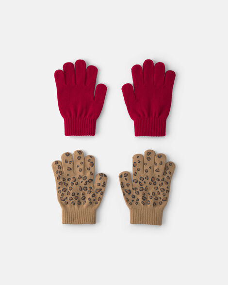 girls 2-pack leopard winter gloves - red/brown
