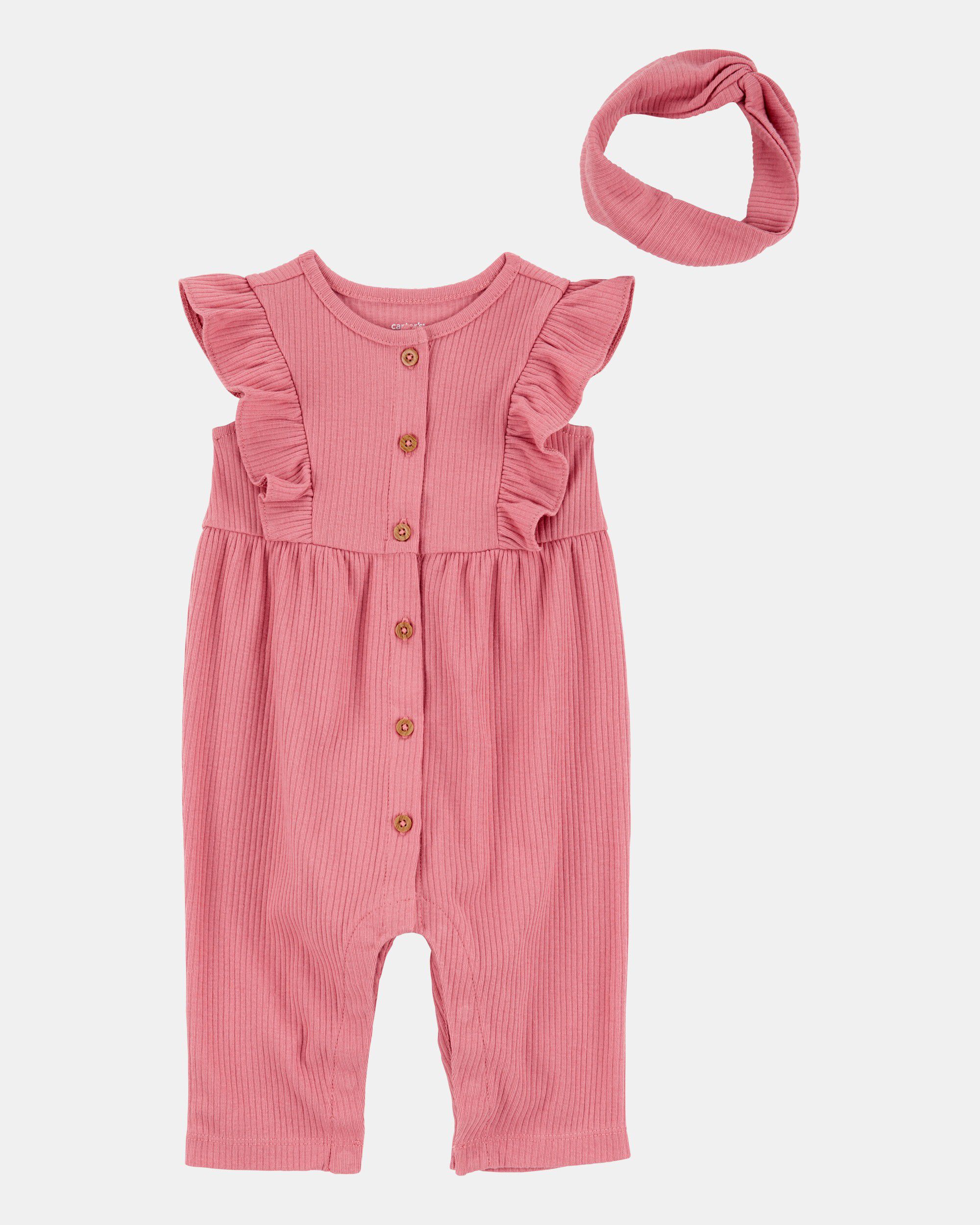 Carters baby girl 2-piece solid flutter-sleeve relaxed fit jumpsuit headwrap outfit set 3M Pink 8$