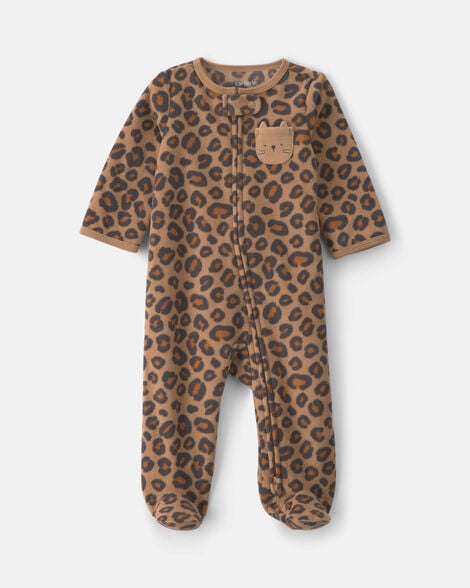 baby girl leopard fleece 2-way zip sleep & play pajamas - brown