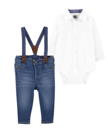 Baby 2-Piece Button-Front Bodysuit & Suspenders Jeans Set