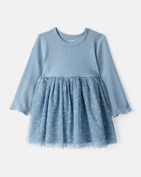 baby girl floral print long-sleeve dress - blue