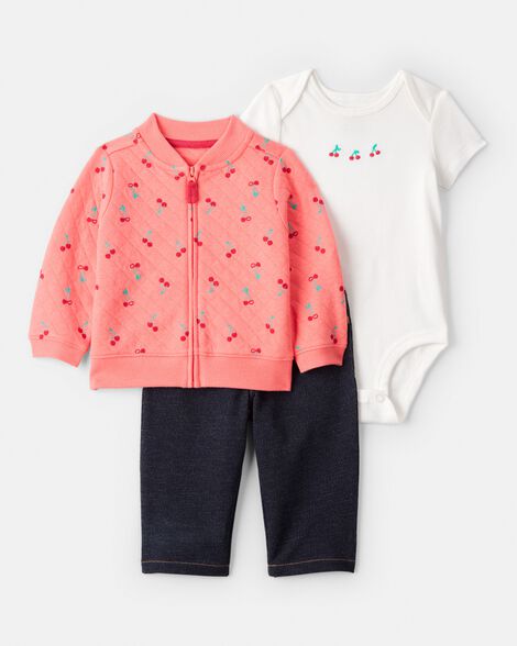 baby girl 3-piece cherry quilted cardigan outfit set - pink