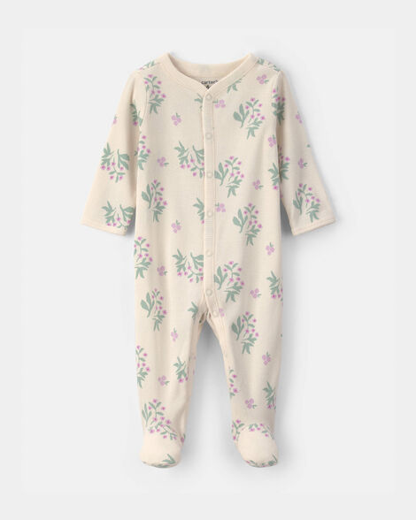 baby girl floral cotton sleep & play pajamas - ivory