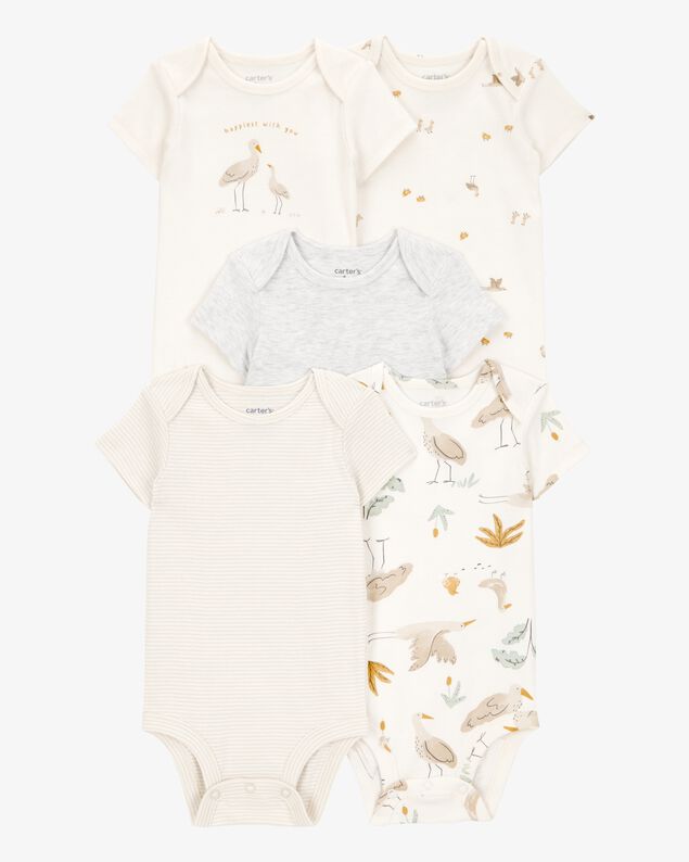 Product image 1 of Baby 5-Pack Striped Birds Short-Sleeve Cotton Bodysuits - Ivory
