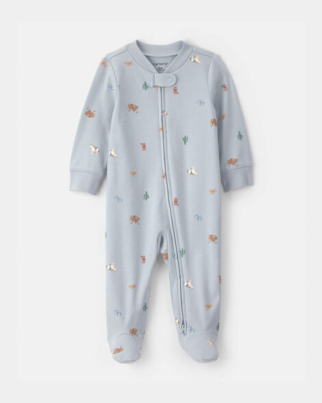 baby western 100% cotton 2-way zip sleep & play pajamas - blue