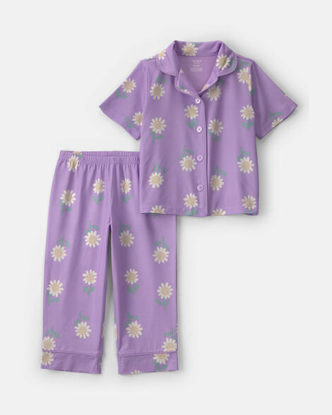 toddler girl flower short-sleeve 2-piece pajama set - purple