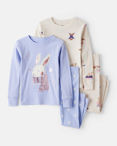 toddler girl bunny print 100% cotton long-sleeve snug fit 4-piece pajamas - brown/blue