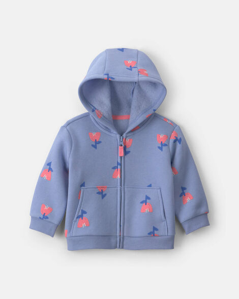 baby girl floral fleece zip-up hoodie - blue