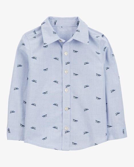  Product image 1 of Toddler Airplane Print Long-Sleeve Button Down Shirt - Blue