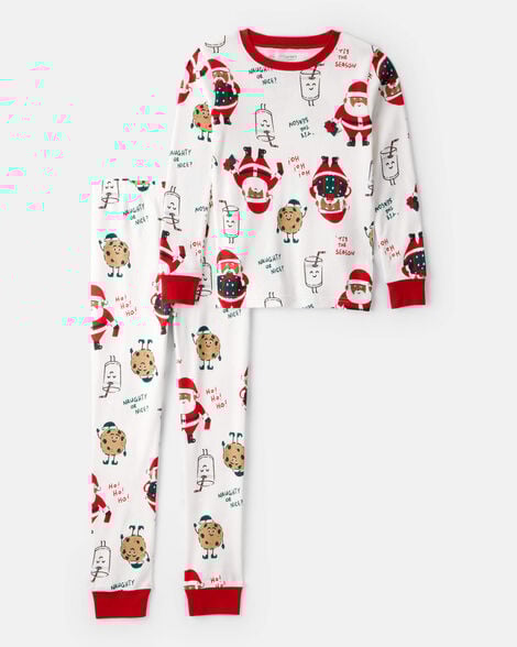 kid brown santa milk & cookies 100% cotton long-sleeve snug fit 2-piece pajamas - white