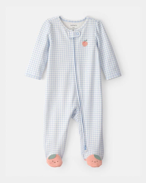 baby girl peach gingham 2-way zip 100% cotton sleep & play pajama - blue