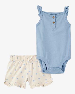 Product image 1 of Baby 2-Piece Tank Bodysuit & Shell Print Pull-On Short Set - Blue/Ivory