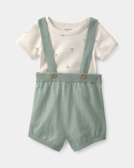 baby 2-piece sailboat overall set - green/ivory
