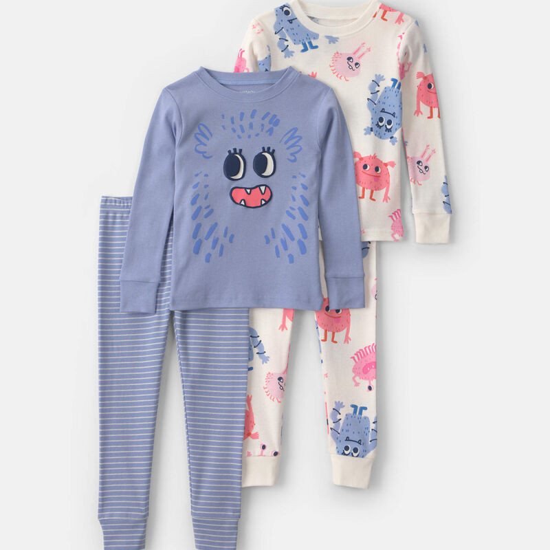 Baby Girl 4-Piece Monster 100% Cotton Snug Fit Pajama Set - Blue/Cream