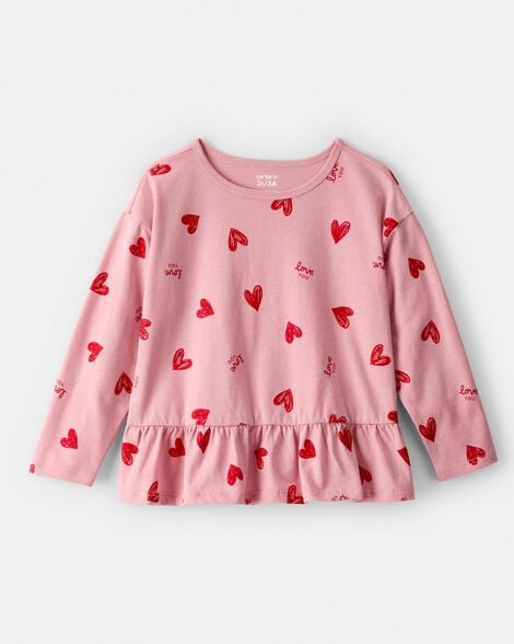 toddler girl heart long-sleeve peplum top - pink