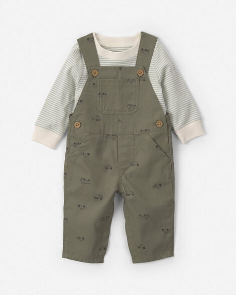 baby boy 2-piece truck pinstripe long-sleeve overall set - olive green