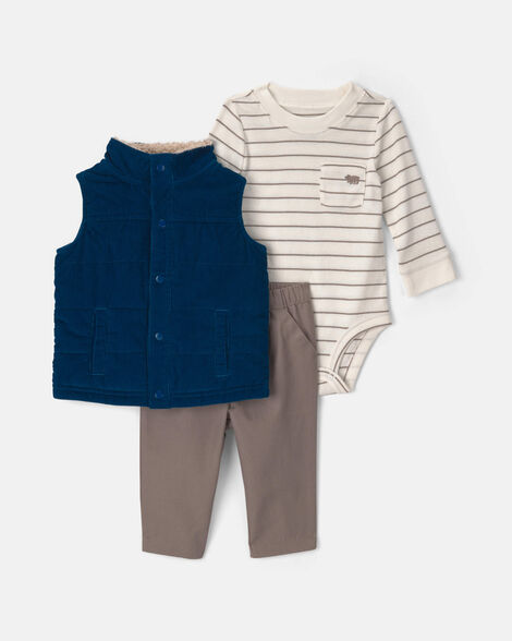 baby boy 3-piece corduroy long-sleeve layering set - blue/grey/cream