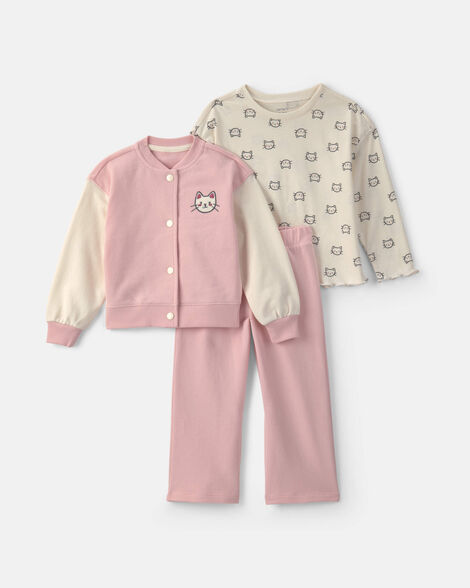toddler girl 3-piece cat french terry long-sleeve layering set - pink/white