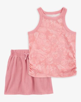 Product image 1 of Kid 2-Piece Floral Ribbed Tank Top & Textured Drawstring Skort Set - Pink