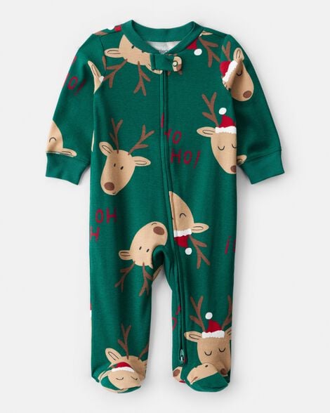 baby reindeer 100% cotton snug fit 2-way zip sleep & play pajamas - green