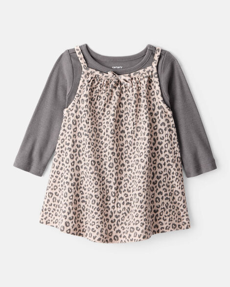 baby girl 2-piece leopard print long-sleeve dress set - grey/brown