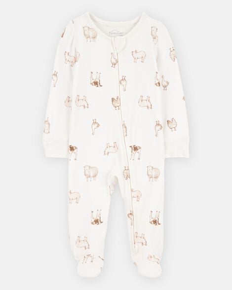 baby farm animals print 2-way zip purelysoft sleep & play pajamas - ivory