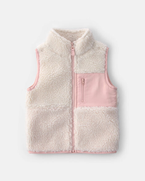 toddler girl teddy fleece vest - cream/pink