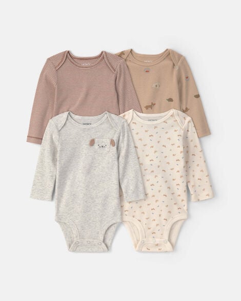 baby 4-pack dog long-sleeve bodysuits - brown/grey/ivory