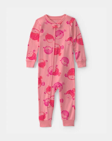 toddler girl pufferfish 100% cotton 1-piece pajama - coral
