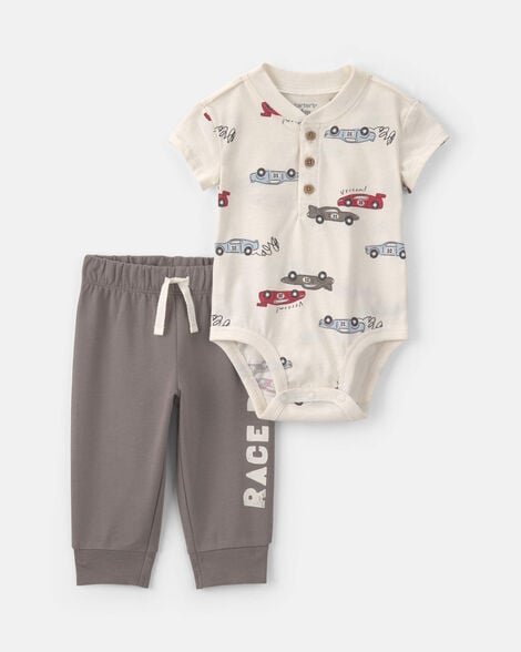 baby boy 2-piece 'race day' car french terry bodysuit & pant set - grey/white