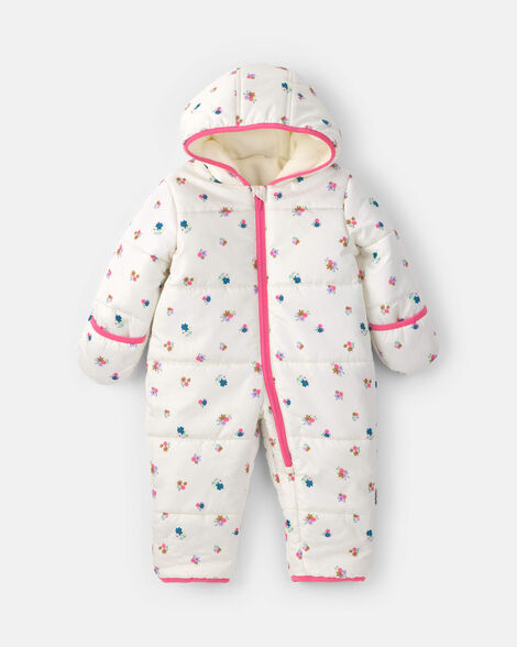 baby girl 1-piece floral hooded quilted pram snowsuit - cream