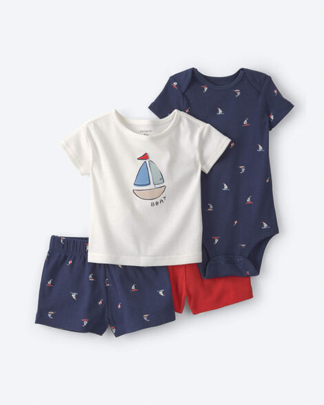 baby boy 4-piece sailboat top & short set - cream/navy blue/red