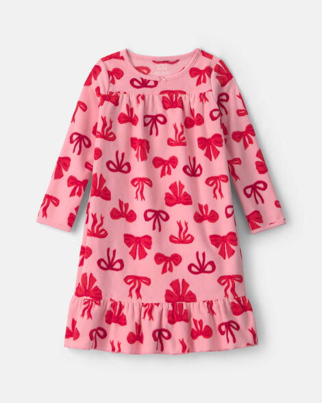 girls bows fleece loose fit night gown - pink