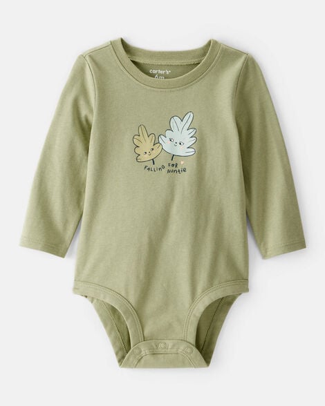 baby girl auntie cotton long-sleeve graphic bodysuit - green