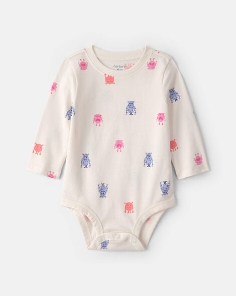 baby girl monster long-sleeve graphic bodysuit - cream