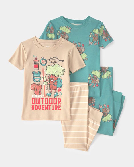 toddler boy tree 100% cotton snug fit 4-piece pajama set - green/cream