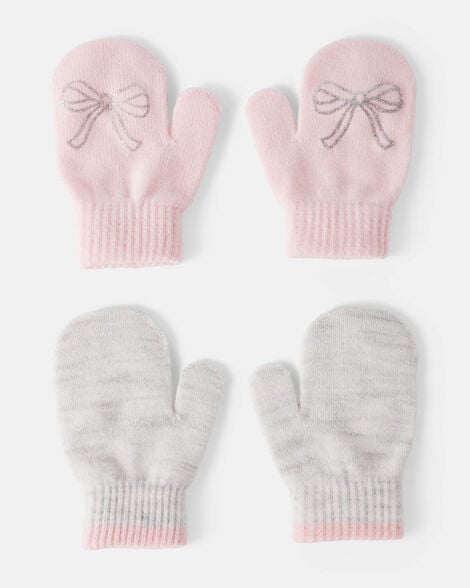 toddler girl 2-pack bow winter mittens - pink/grey
