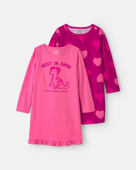 girls 2-pack 'best in show' heart loose fit night gown - pink