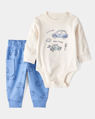 Product image 1 of Baby 2-Piece Car Little Brother Long-Sleeve Bodysuit Pant Set - White/Blue