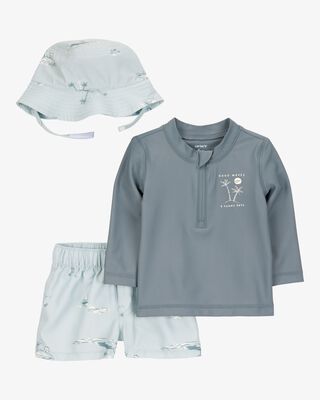 Product image 1 of Baby 3-Piece Long-Sleeve Rashguard, Swim Trunk & Swim Hat Set - Grey/Blue